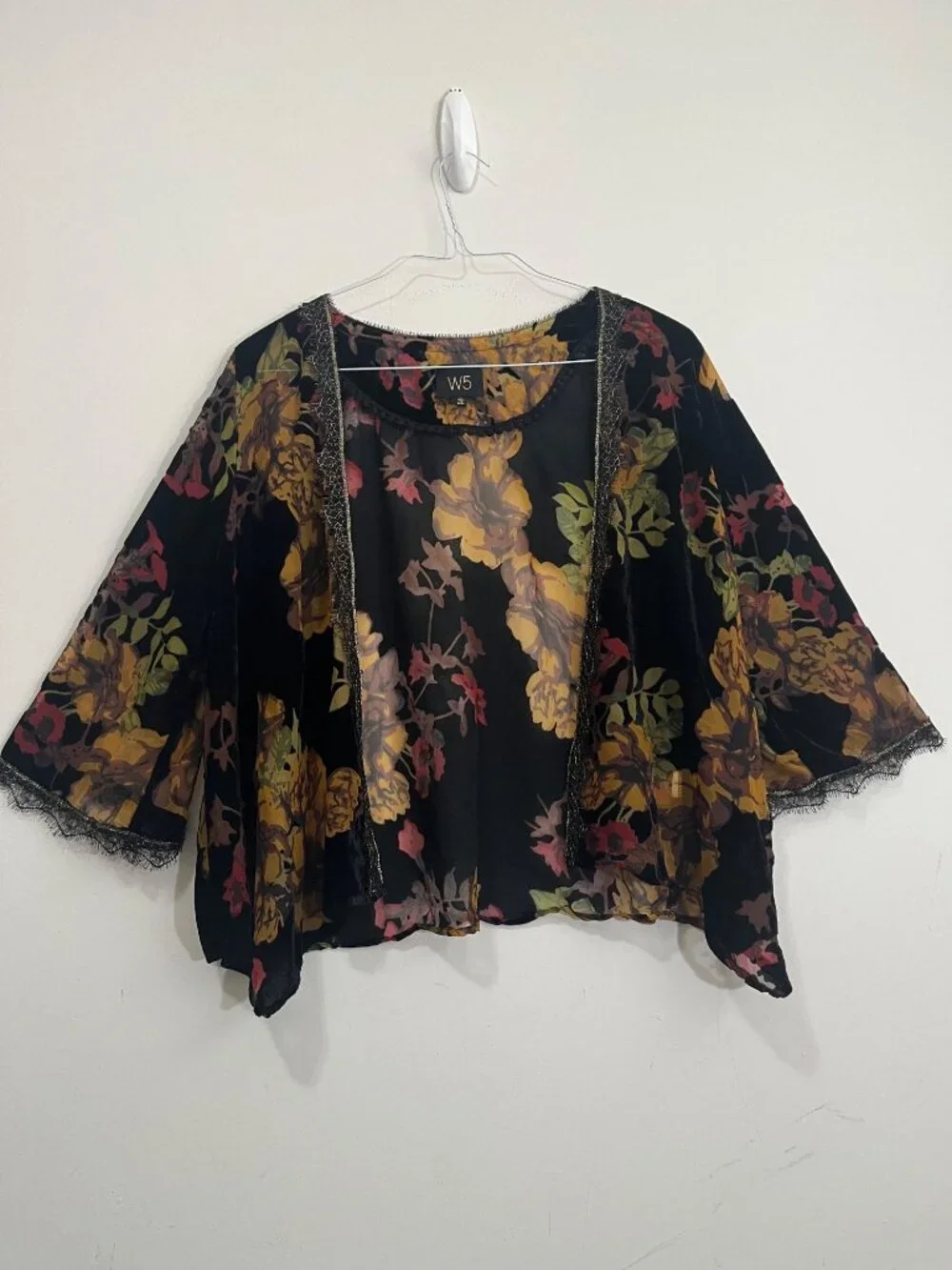 W5 Floral Burnout Velvet Kimono Cardigan XL Lace Sheer Boho Whimsical Dark Fairy